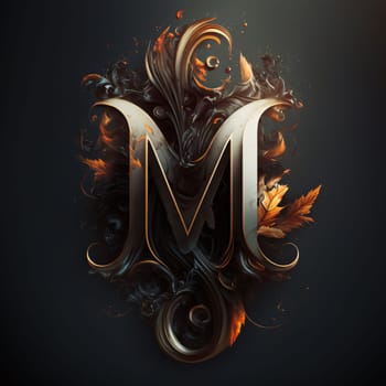 Graphic alphabet letters: Gold metal letter M with floral ornament on black background. 3d render