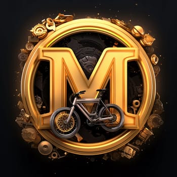 Graphic alphabet letters: 3d illustration of m letter in golden circle with bicycle on black background