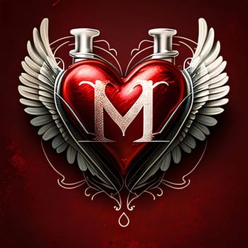 Graphic alphabet letters: Valentine's day background with heart, wings and letter M