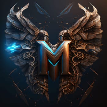 Graphic alphabet letters: Futuristic letter M with wings and fire. 3D rendering