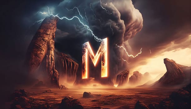 Graphic alphabet letters: Mystical landscape with a letter M. 3D rendering.