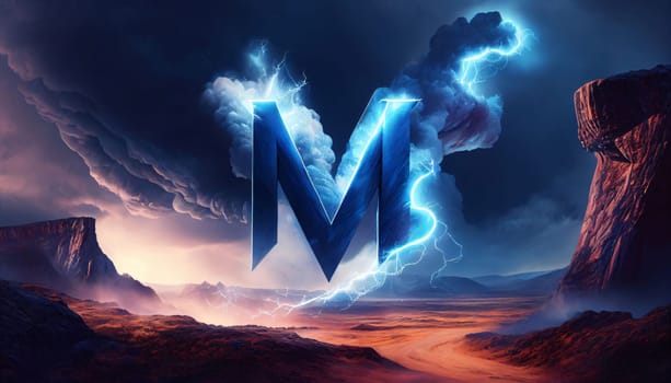 Graphic alphabet letters: Digital composite of Lightning strikes with letter M against surreal landscape background 3d