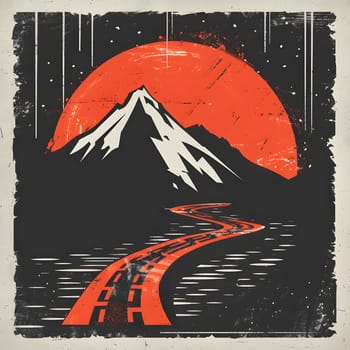 A rectangular painting depicting a mountain with a road leading towards a red moon in the background. The artwork showcases tints, shades, patterns, and triangles