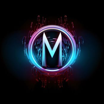 Graphic alphabet letters: Neon letter M in circle on black background. Vector illustration.