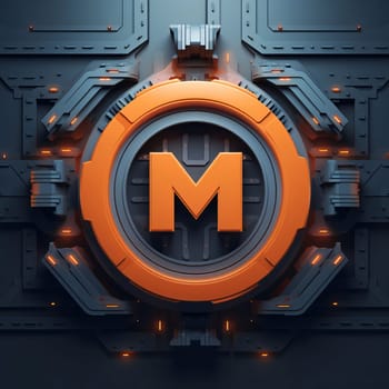Graphic alphabet letters: Orange letter M in futuristic style on dark background. 3d rendering