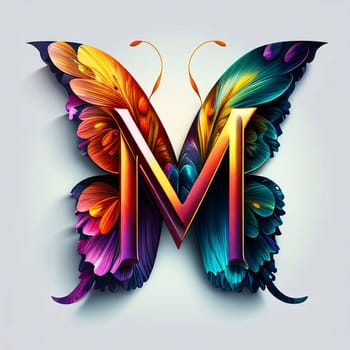 Graphic alphabet letters: Butterfly alphabet letter M with colorful wings. Vector illustration.