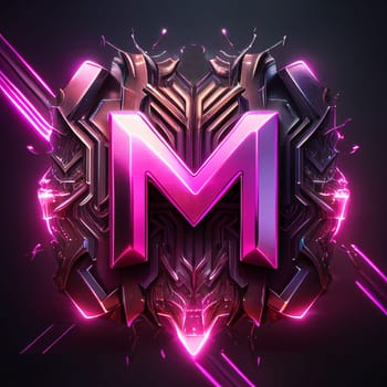 Graphic alphabet letters: Neon letter M in futuristic style. 3D rendering. Neon alphabet.