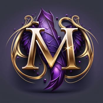 Graphic alphabet letters: Vector illustration of beauty and fashion alphabet M in gold and purple color