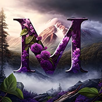 Graphic alphabet letters: Alphabetic character - letter M in the mountains, 3d render