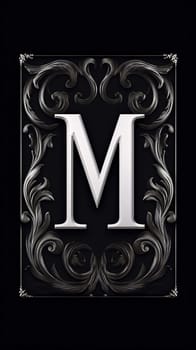 Graphic alphabet letters: Luxury black and white capital letter M with ornament on black background.