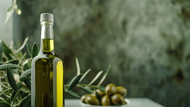 Olive oil bottle ad background with copyspace, vegetable oil commercial produce, food industry and retail concept