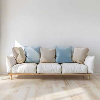 Living room with white walls, with blue and beige sofa cushions lying on a white sofa. Interior concept.