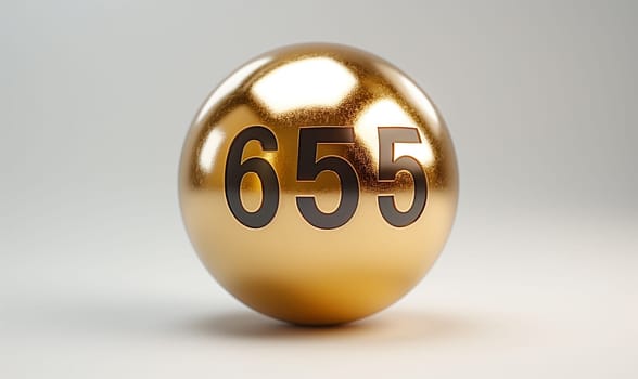 Golden ball with a number 655 on a white background. Selective focus.