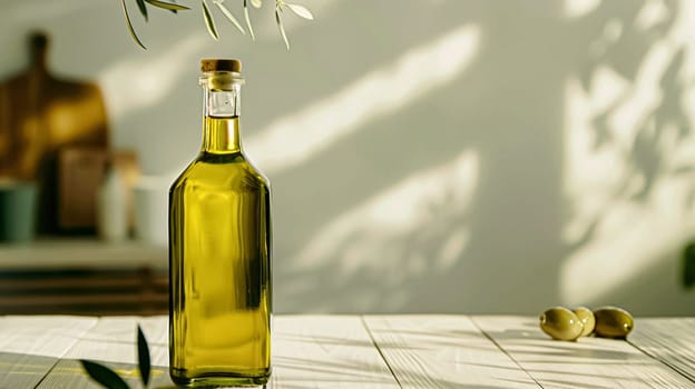 Olive oil bottle ad background with copyspace, vegetable oil commercial produce, food industry and retail concept