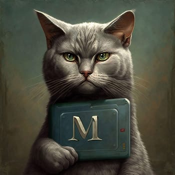 Graphic alphabet letters: Gray cat with letter M in its paws. Computer generated illustration.