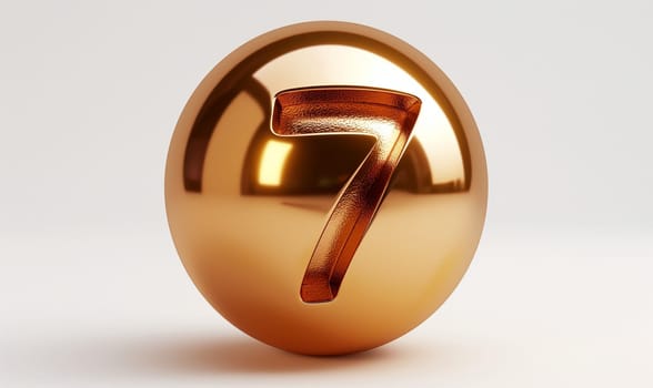 Golden ball with a number 7 on a white background. Selective focus.