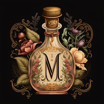 Graphic alphabet letters: Vintage bottle with letter M. Vector illustration for your design.