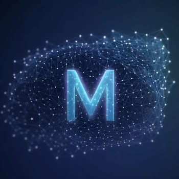 Graphic alphabet letters: Abstract polygonal human brain with letter M on dark blue background