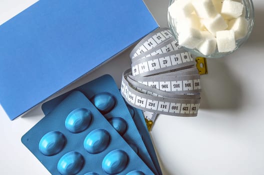 Medical concept. Drugs blister packaging. Medications drugs, flat lay, overhead.