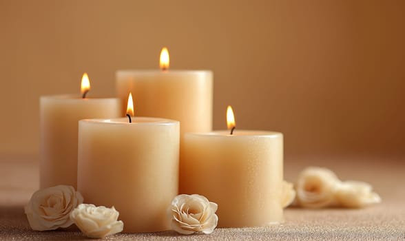 Group of White Candles on Wooden Table. Selective focus.