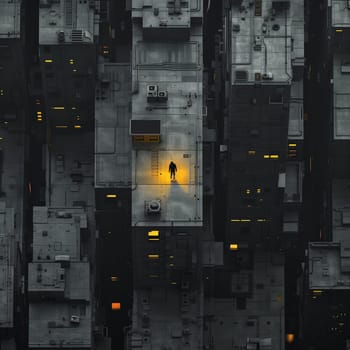 The city is in gray colors. Yellow windows, a man wandering the streets. High quality illustration