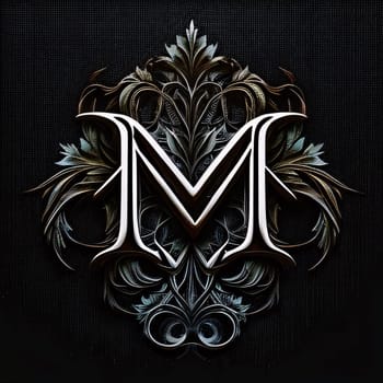 Graphic alphabet letters: 3D illustration of ornate letter M with floral pattern on black background. Computer generated graphics.