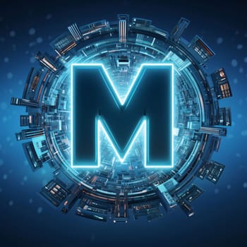 Graphic alphabet letters: Blue neon letter M on a dark background. 3D Rendering