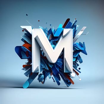 Graphic alphabet letters: 3d render of letter M in abstract style, blue and white