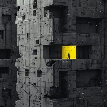 The city is in gray colors. Yellow windows, a man wandering the streets. High quality illustration