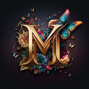 Graphic alphabet letters: Letter M with butterflies and flowers on a dark background. Vector illustration.