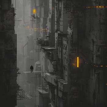 The city is in gray colors. Yellow windows, a man wandering the streets. High quality illustration