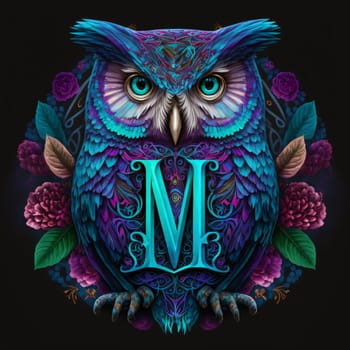 Graphic alphabet letters: Owl with letter M. Tattoo design. Vector illustration.