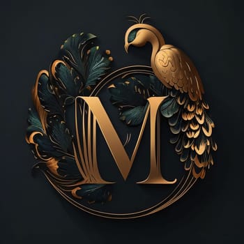 Graphic alphabet letters: Luxury letter M with peacock in floral frame. 3d rendering