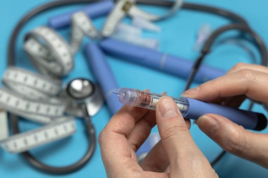 Ozempic Insulin injection pen or insulin cartridge pen for diabetics. Medical equipment for diabetes parients.