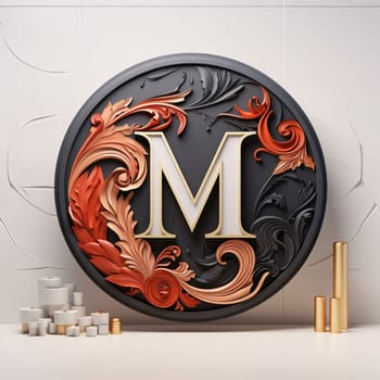 Graphic alphabet letters: 3d renderrative letter M in the form of a circle with floral ornament on the wall