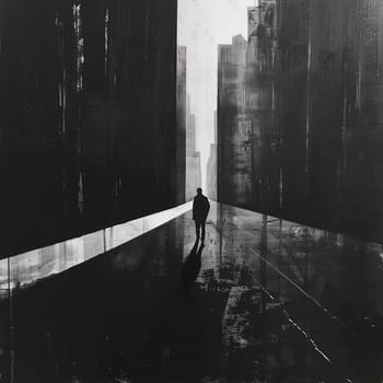 A black and white city with a lonely man in it. The poster. High quality illustration