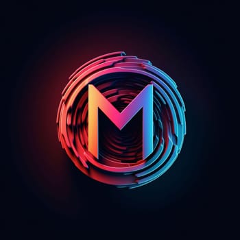 Graphic alphabet letters: Neon letter M in circle form. 3d render on dark background