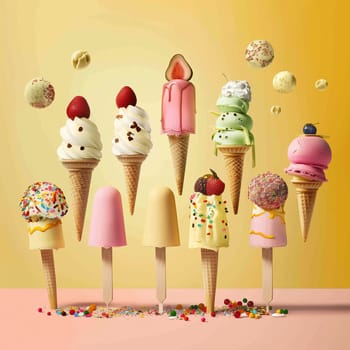 Lots of delicious and beautiful ice cream. Summer dessert. Poster, menu. High quality photo