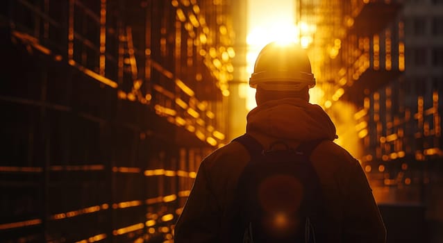 A construction worker stands facing a setting sun, silhouetted by the glow, amidst the metal scaffoldings of an urban building site - Generative AI