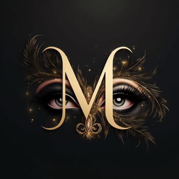 Graphic alphabet letters: Vector illustration of beautiful woman's eyes with golden feathers on black background