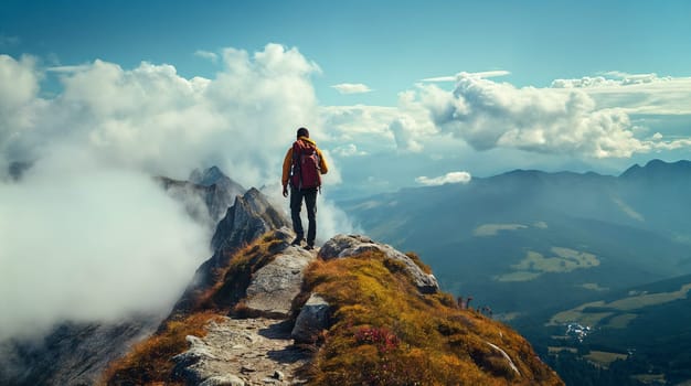 A lone traveler with a backpack walks along a narrow mountain ridge, surrounded by clouds and overlooking valleys below in the soft light of early morning - Generative AI