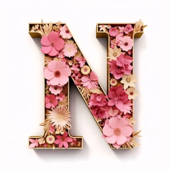 Graphic alphabet letters: Letter N made of flowers on white background. 3D illustration.