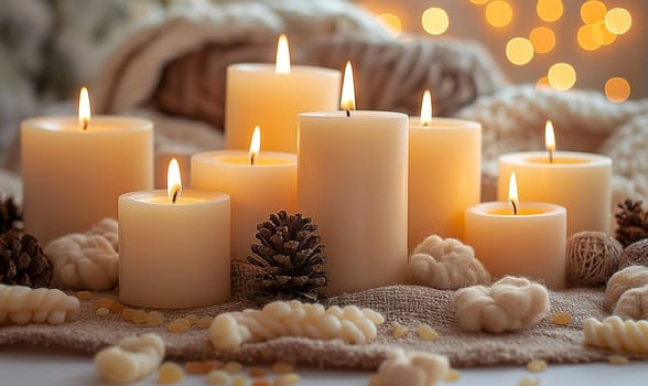 Group of White Candles on Wooden Table. Selective focus.