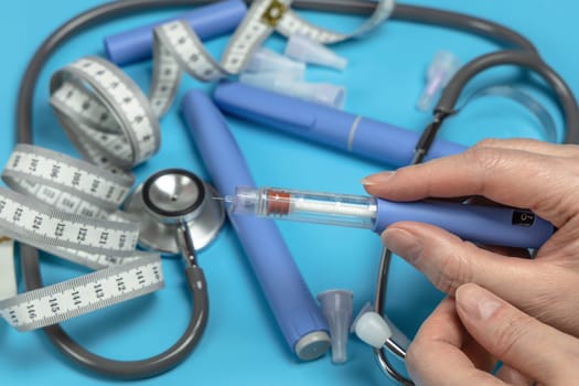 Ozempic Insulin injection pen or insulin cartridge pen for diabetics. Medical equipment for diabetes parients.