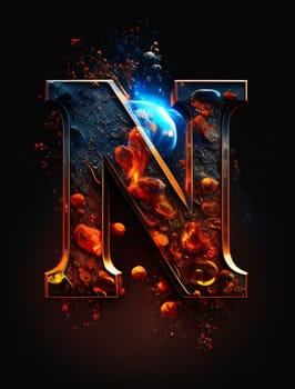 Graphic alphabet letters: Fiery letter N uppercase with blue flames and smoke isolated on black background