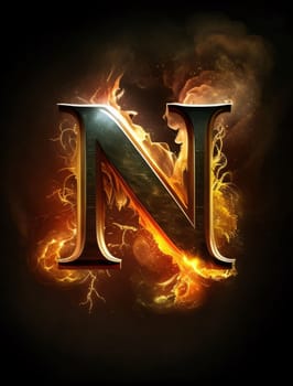 Graphic alphabet letters: Fiery letter N in the style of fire with flames and smoke