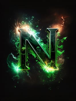 Graphic alphabet letters: Letter N on a dark background with a glowing trail of fire.