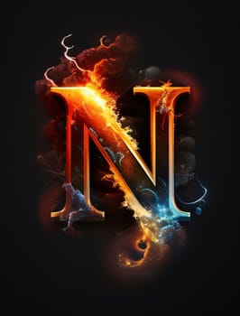 Graphic alphabet letters: Letter N with fire and smoke on dark background. Vector illustration.