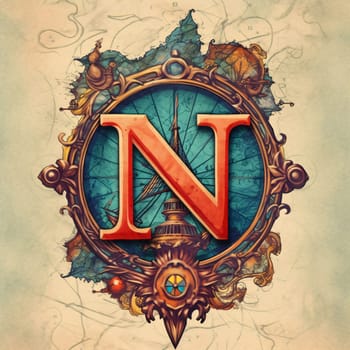 Graphic alphabet letters: Vintage letter N with old map and compass. Illustration.