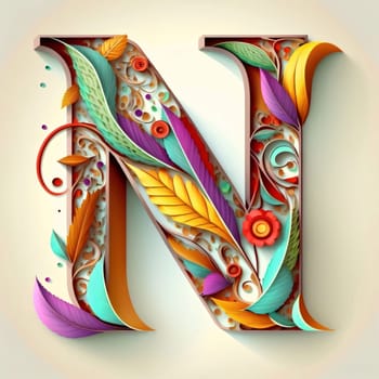 Graphic alphabet letters: Colorful letter N uppercase with floral ornament. 3D rendering